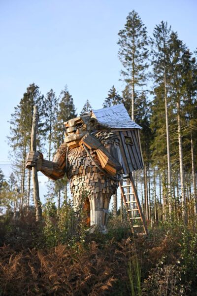 Photo de la sculptures en bois, nommé Valdemar the Walker, surplombant l'Elfy Park